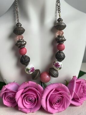 Vintage Floral Porcelain & Pink Ceramic Silver Tone Statement Necklace